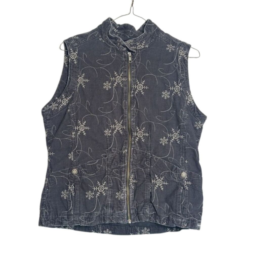 Woolrich Corduroy Zip Up Snowflake Vest Womens Small Embordered Snow Layer Grey